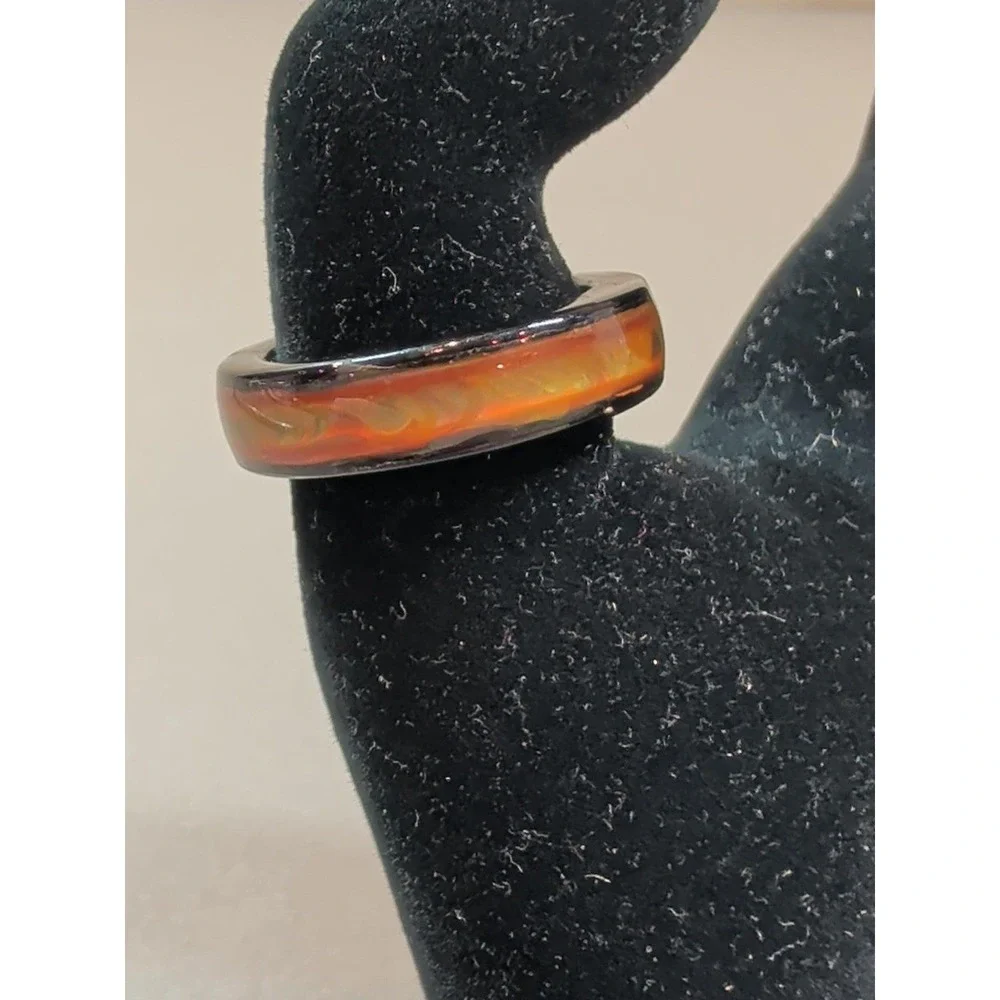 Tortoiseshell Resin Band Ring Amber Black Swirl Unisex Domed Gloss Size 7.5-8